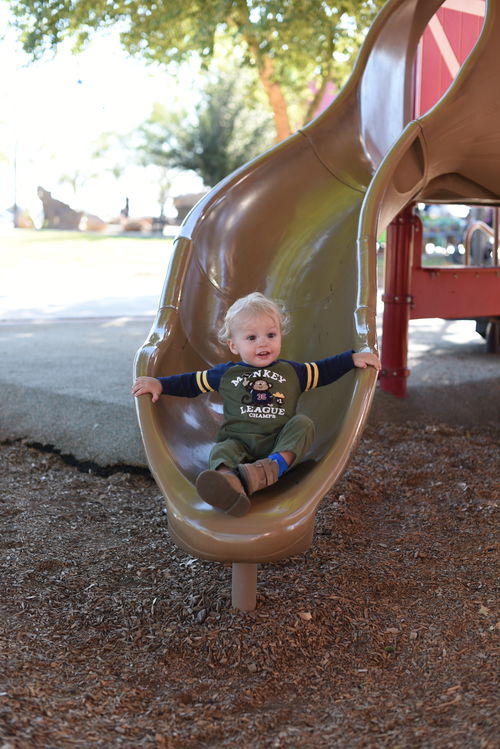 Remy at the bottom of the slide with a smile