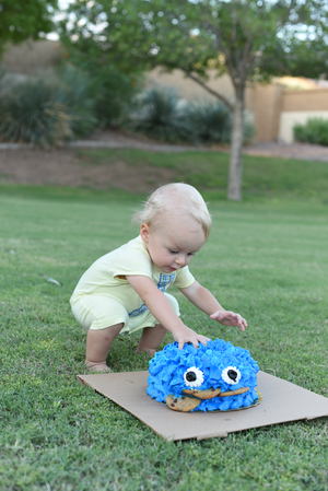 Remy attempting to smash his birthday cake