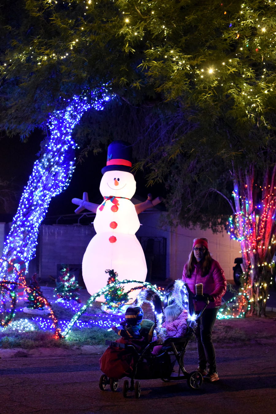 Double stroller decorated with lights
